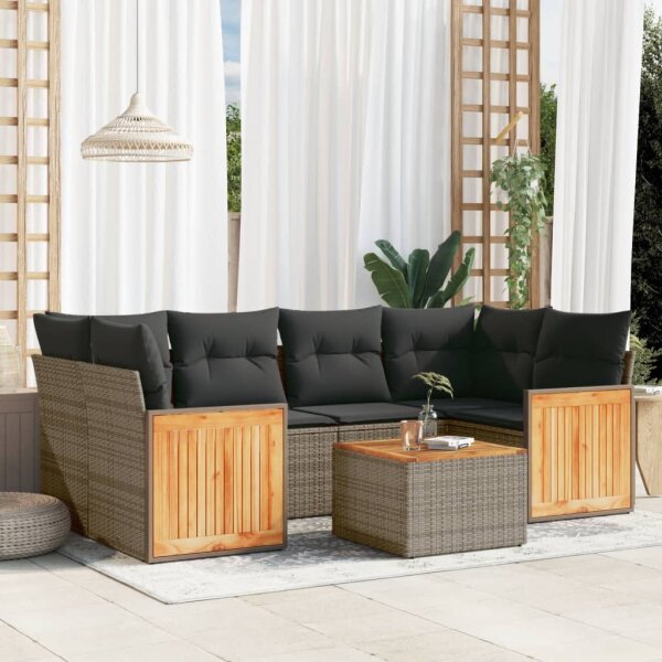 vidaXL 7-tlg. Garten-Sofagarnitur mit Kissen Grau Poly Rattan