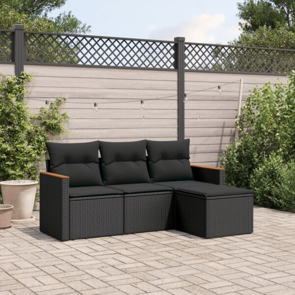 vidaXL 4-tlg. Garten-Sofagarnitur mit Kissen Schwarz Poly Rattan