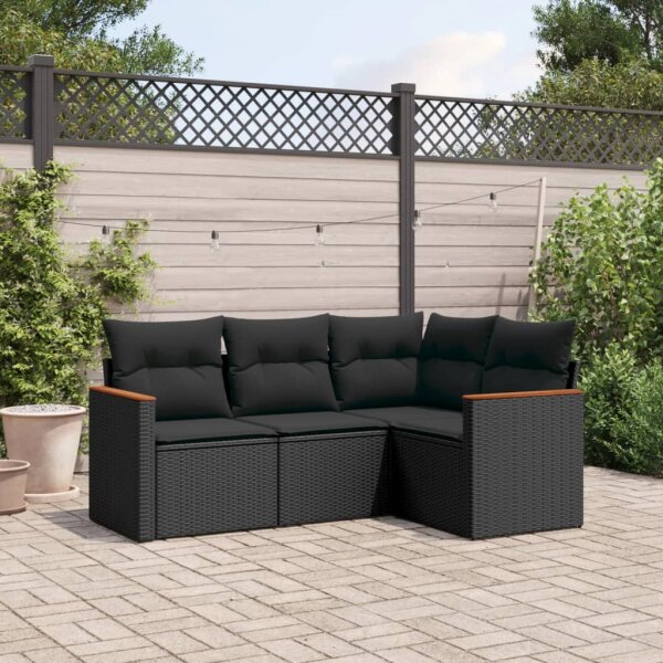 vidaXL 4-tlg. Garten-Sofagarnitur mit Kissen Schwarz Poly Rattan