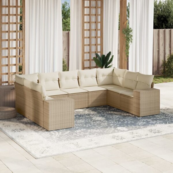 vidaXL 9-tlg. Garten-Sofagarnitur mit Kissen Beige Poly Rattan