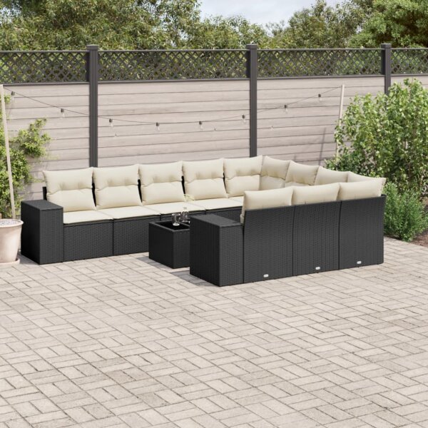 vidaXL 11-tlg. Garten-Sofagarnitur mit Kissen Schwarz Poly Rattan