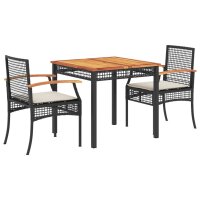 vidaXL 3-tlg. Garten-Essgruppe mit Kissen Schwarz Poly Rattan