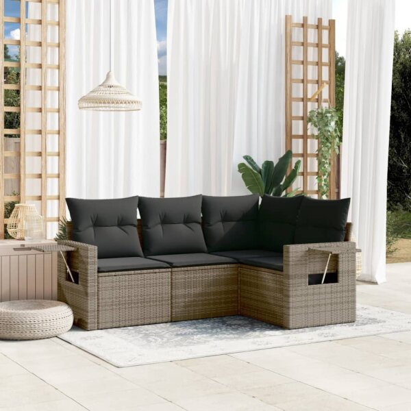 vidaXL 4-tlg. Garten-Sofagarnitur mit Kissen Grau Poly Rattan