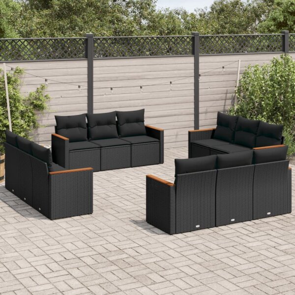 vidaXL 12-tlg. Garten-Sofagarnitur mit Kissen Schwarz Poly Rattan