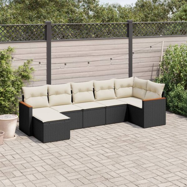 vidaXL 7-tlg. Garten-Sofagarnitur mit Kissen Schwarz Poly Rattan