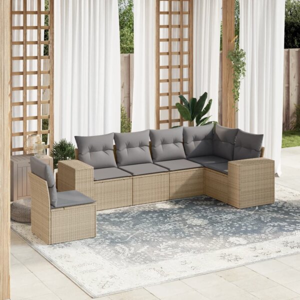 vidaXL 6-tlg. Garten-Sofagarnitur mit Kissen Beige Poly Rattan