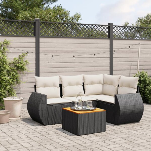 vidaXL 5-tlg. Garten-Sofagarnitur mit Kissen Schwarz Poly Rattan