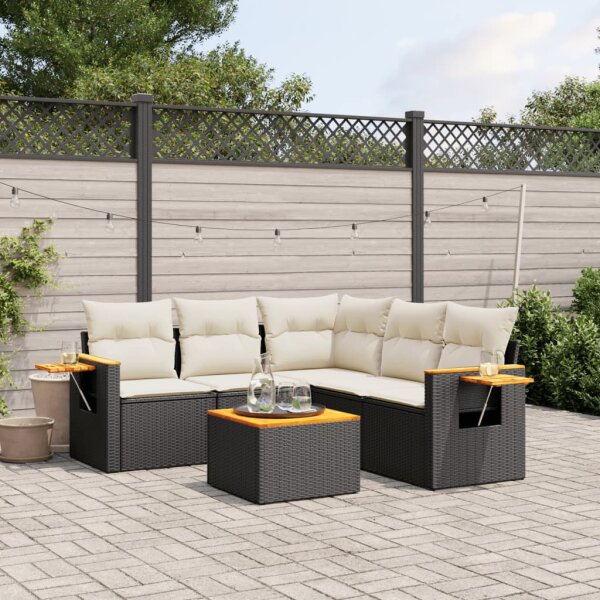 vidaXL 6-tlg. Garten-Sofagarnitur mit Kissen Schwarz Poly Rattan