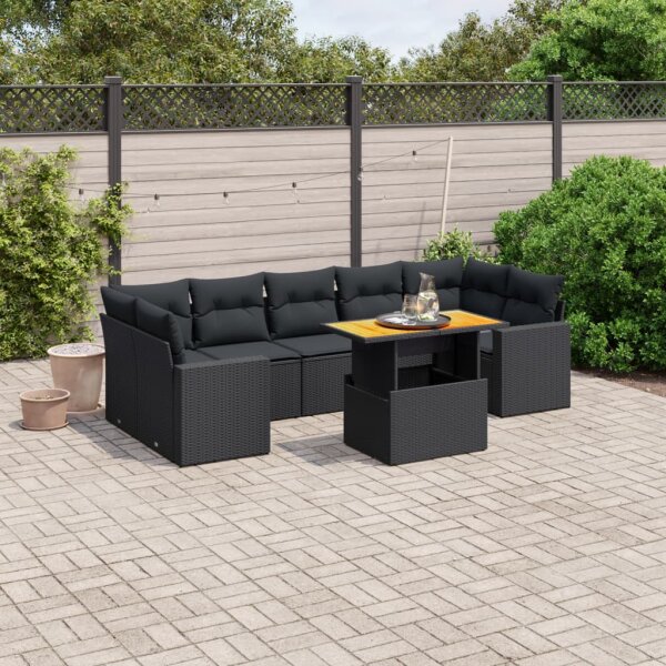 vidaXL 8-tlg. Garten-Sofagarnitur mit Kissen Schwarz Poly Rattan