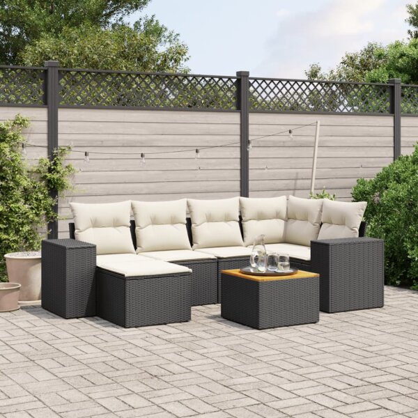 vidaXL 7-tlg. Garten-Sofagarnitur mit Kissen Schwarz Poly Rattan