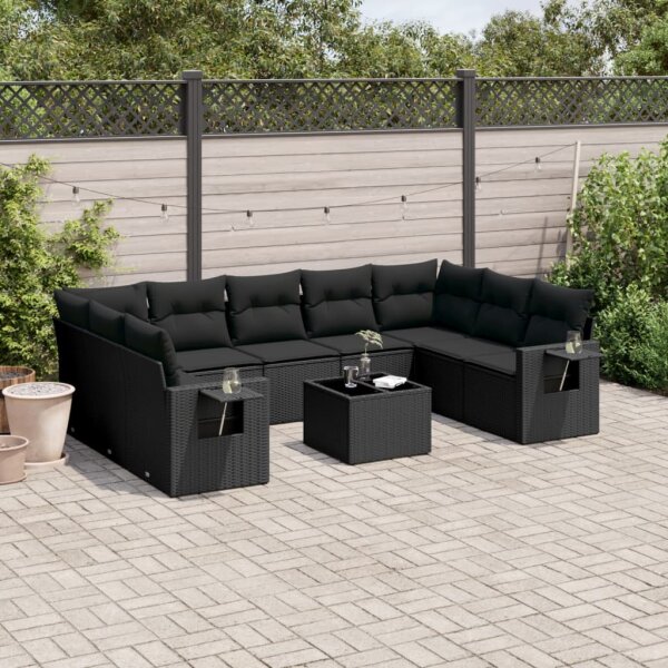 vidaXL 10-tlg. Garten-Sofagarnitur mit Kissen Schwarz Poly Rattan