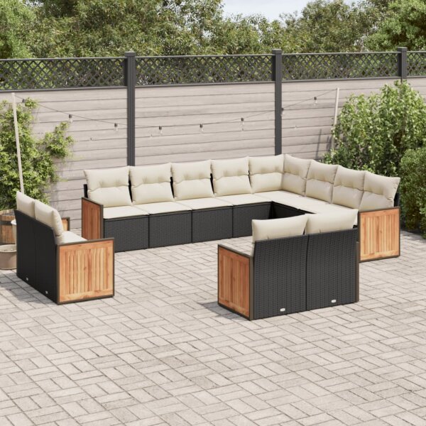 vidaXL 12-tlg. Garten-Sofagarnitur mit Kissen Schwarz Poly Rattan