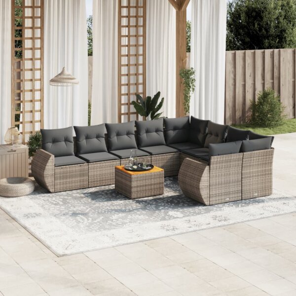 vidaXL 10-tlg. Garten-Sofagarnitur mit Kissen Grau Poly Rattan