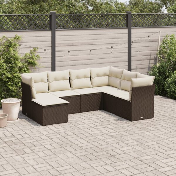 vidaXL 7-tlg. Garten-Sofagarnitur mit Kissen Braun Poly Rattan