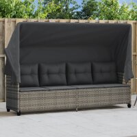 vidaXL Sonnenliege mit Dach und Kissen Grau Poly Rattan