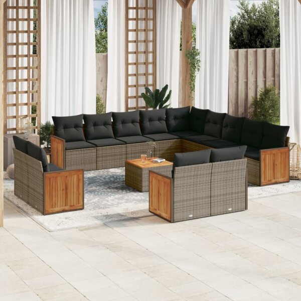 vidaXL 14-tlg. Garten-Sofagarnitur mit Kissen Grau Poly Rattan