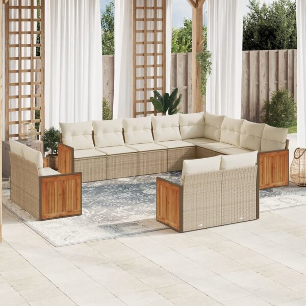 vidaXL 12-tlg. Garten-Sofagarnitur mit Kissen Beige Poly Rattan