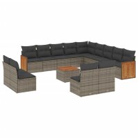 vidaXL 14-tlg. Garten-Sofagarnitur mit Kissen Grau Poly Rattan