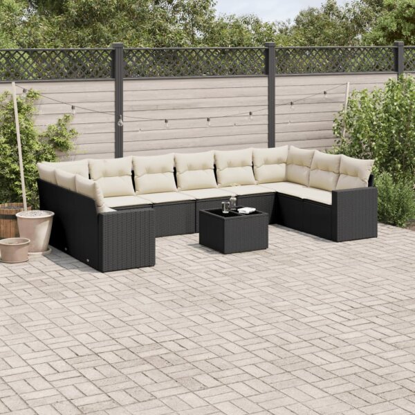 vidaXL 11-tlg. Garten-Sofagarnitur mit Kissen Schwarz Poly Rattan