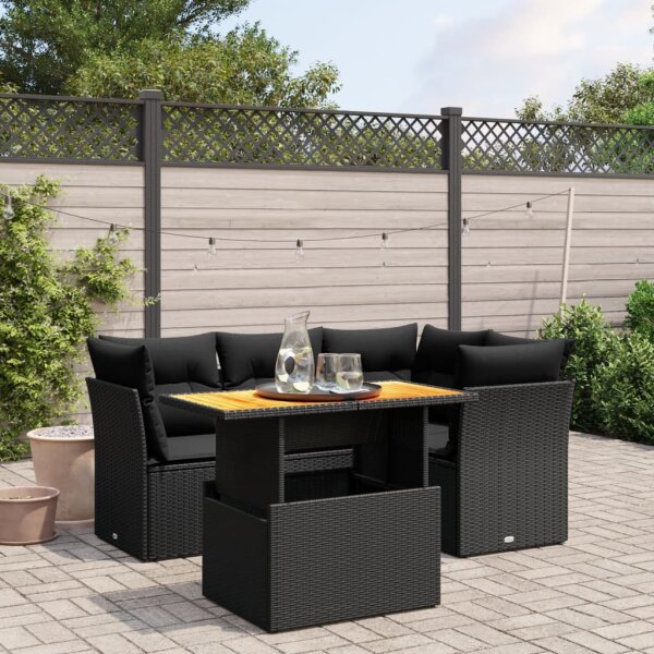 vidaXL 5-tlg. Garten-Sofagarnitur mit Kissen Schwarz Poly Rattan