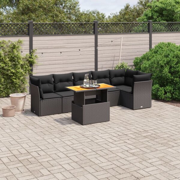 vidaXL 7-tlg. Garten-Sofagarnitur mit Kissen Schwarz Poly Rattan