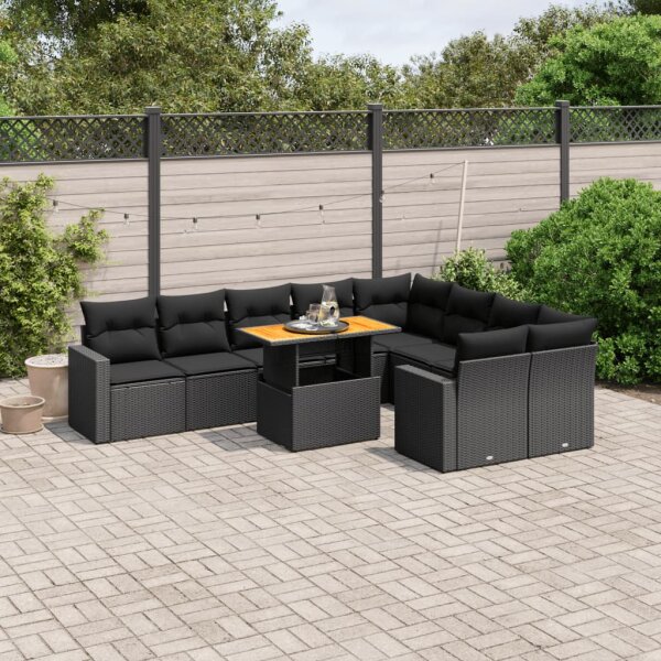 vidaXL 10-tlg. Garten-Sofagarnitur mit Kissen Schwarz Poly Rattan