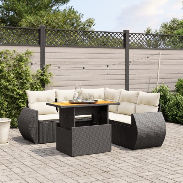 vidaXL 6-tlg. Garten-Sofagarnitur mit Kissen Schwarz Poly Rattan