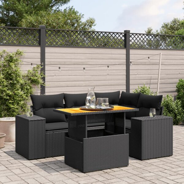 vidaXL 5-tlg. Garten-Sofagarnitur mit Kissen Schwarz Poly Rattan