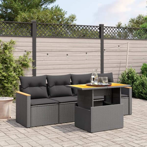 vidaXL 5-tlg. Garten-Sofagarnitur mit Kissen Schwarz Poly Rattan