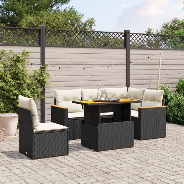 vidaXL 6-tlg. Garten-Sofagarnitur mit Kissen Schwarz Poly Rattan