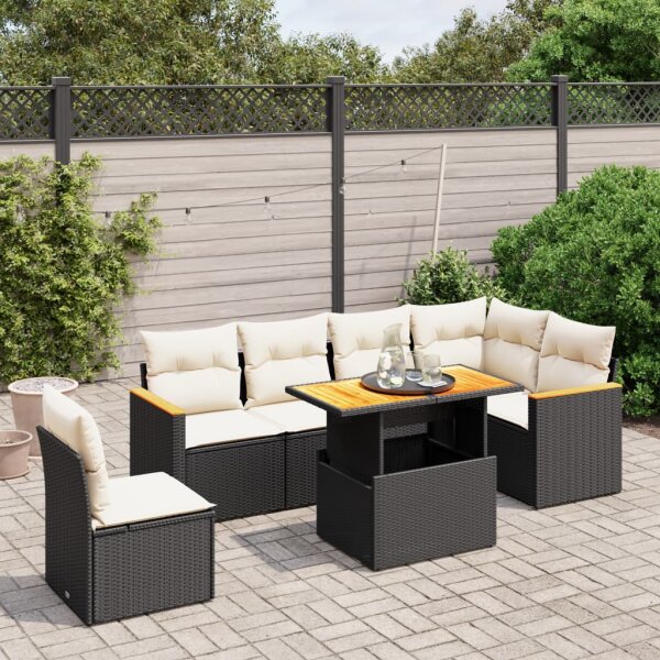 vidaXL 7-tlg. Garten-Sofagarnitur mit Kissen Schwarz Poly Rattan