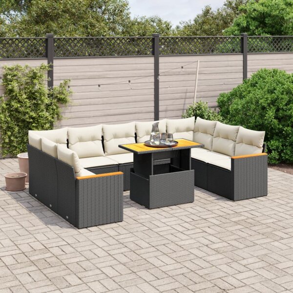 vidaXL 10-tlg. Garten-Sofagarnitur mit Kissen Schwarz Poly Rattan