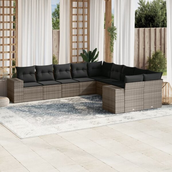 vidaXL 10-tlg. Garten-Sofagarnitur mit Kissen Grau Poly Rattan