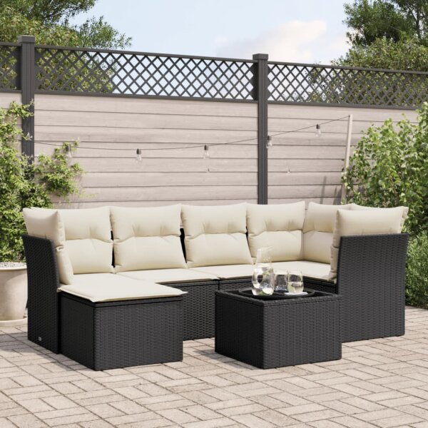 vidaXL 7-tlg. Garten-Sofagarnitur mit Kissen Schwarz Poly Rattan