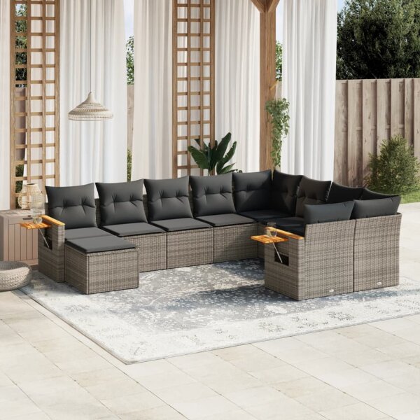 vidaXL 10-tlg. Garten-Sofagarnitur mit Kissen Grau Poly Rattan