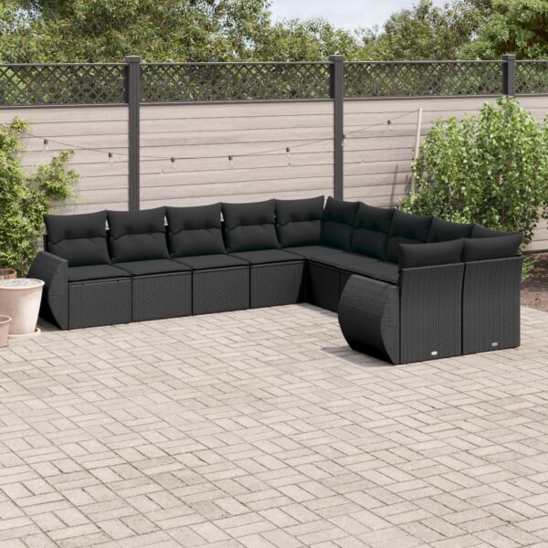 vidaXL 10-tlg. Garten-Sofagarnitur mit Kissen Schwarz Poly Rattan