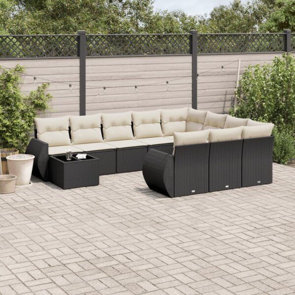 vidaXL 11-tlg. Garten-Sofagarnitur mit Kissen Schwarz Poly Rattan