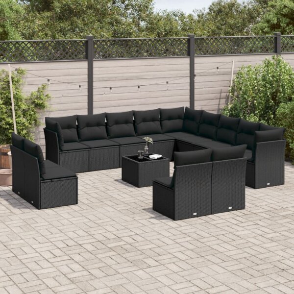 vidaXL 14-tlg. Garten-Sofagarnitur mit Kissen Schwarz Poly Rattan