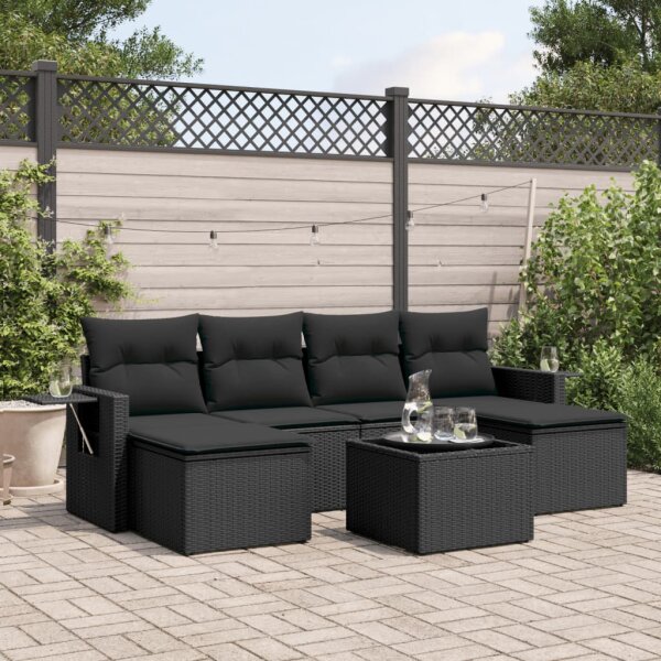 vidaXL 7-tlg. Garten-Sofagarnitur mit Kissen Schwarz Poly Rattan