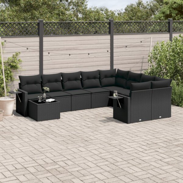 vidaXL 10-tlg. Garten-Sofagarnitur mit Kissen Schwarz Poly Rattan