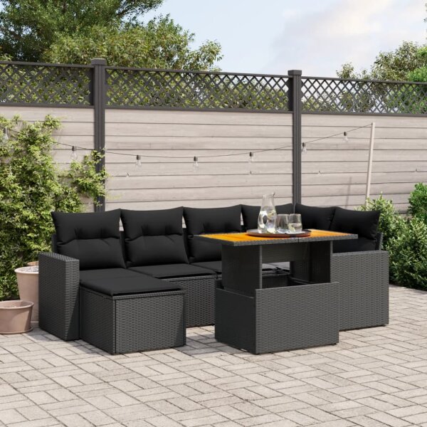 vidaXL 7-tlg. Garten-Sofagarnitur mit Kissen Schwarz Poly Rattan