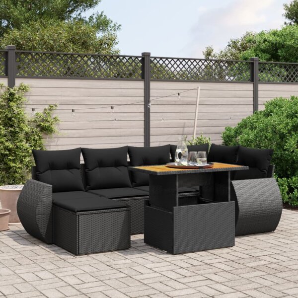 vidaXL 7-tlg. Garten-Sofagarnitur mit Kissen Schwarz Poly Rattan