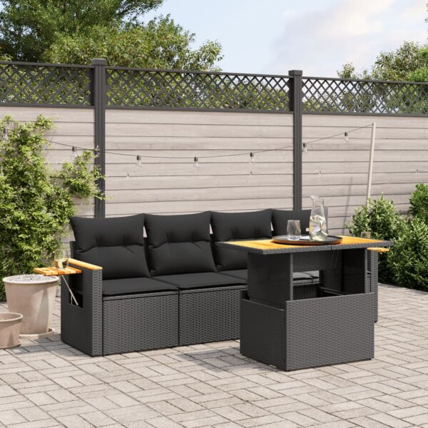 vidaXL 5-tlg. Garten-Sofagarnitur mit Kissen Schwarz Poly Rattan