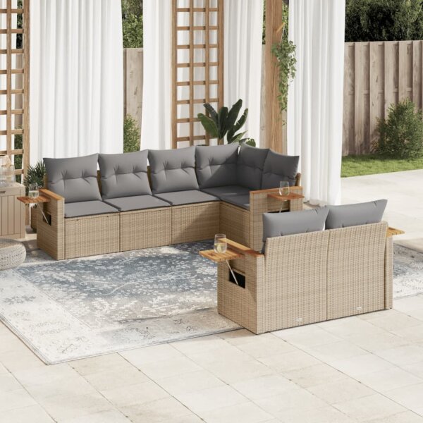 vidaXL 7-tlg. Garten-Sofagarnitur mit Kissen Beige Poly Rattan