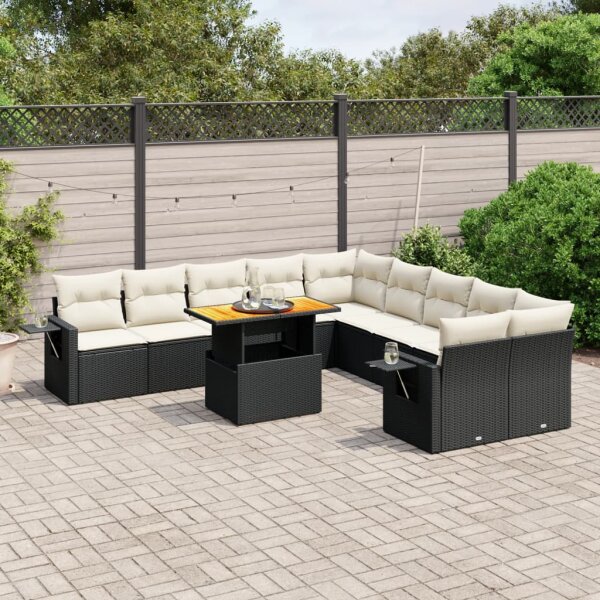 vidaXL 11-tlg. Garten-Sofagarnitur mit Kissen Schwarz Poly Rattan