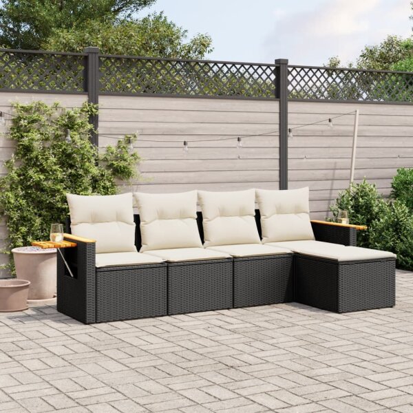 vidaXL 5-tlg. Garten-Sofagarnitur mit Kissen Schwarz Poly Rattan