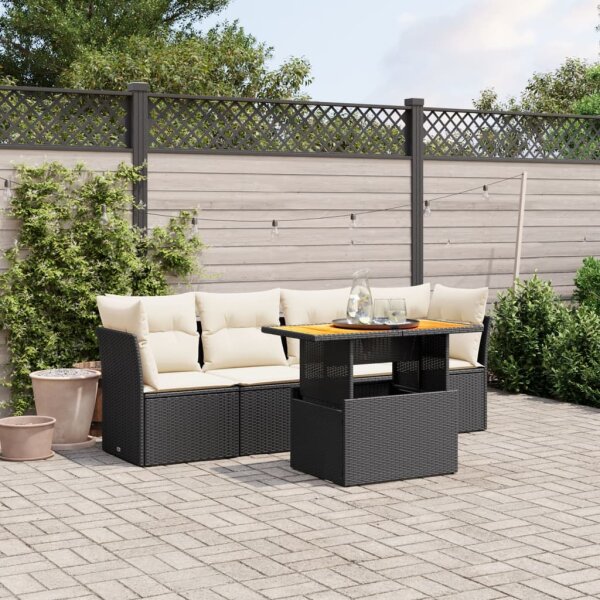 vidaXL 5-tlg. Garten-Sofagarnitur mit Kissen Schwarz Poly Rattan