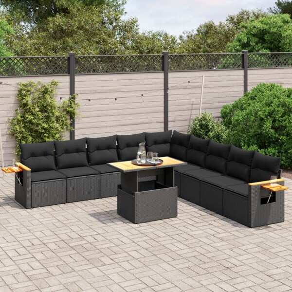 vidaXL 11-tlg. Garten-Sofagarnitur mit Kissen Schwarz Poly Rattan