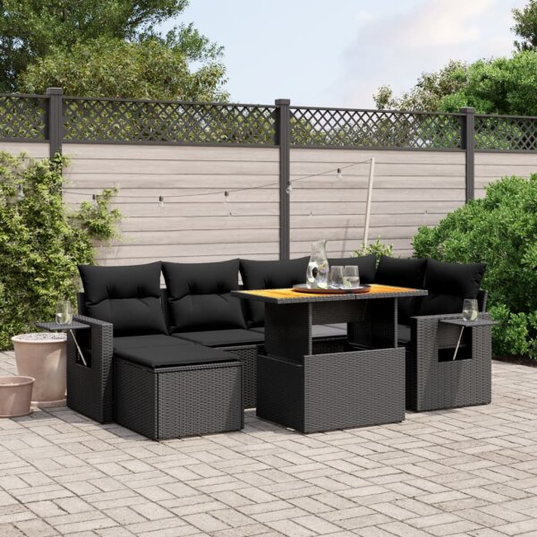 vidaXL 7-tlg. Garten-Sofagarnitur mit Kissen Schwarz Poly Rattan