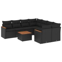 vidaXL 9-tlg. Garten-Sofagarnitur mit Kissen Schwarz Poly Rattan